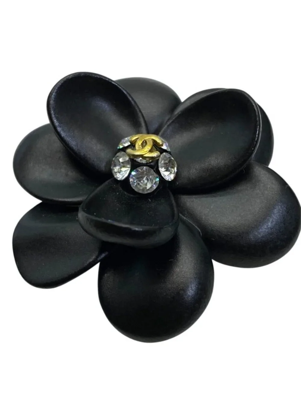 Chanel 02A Brooch CC Logo Camellia Flower Motif Rhinestone Metal Black